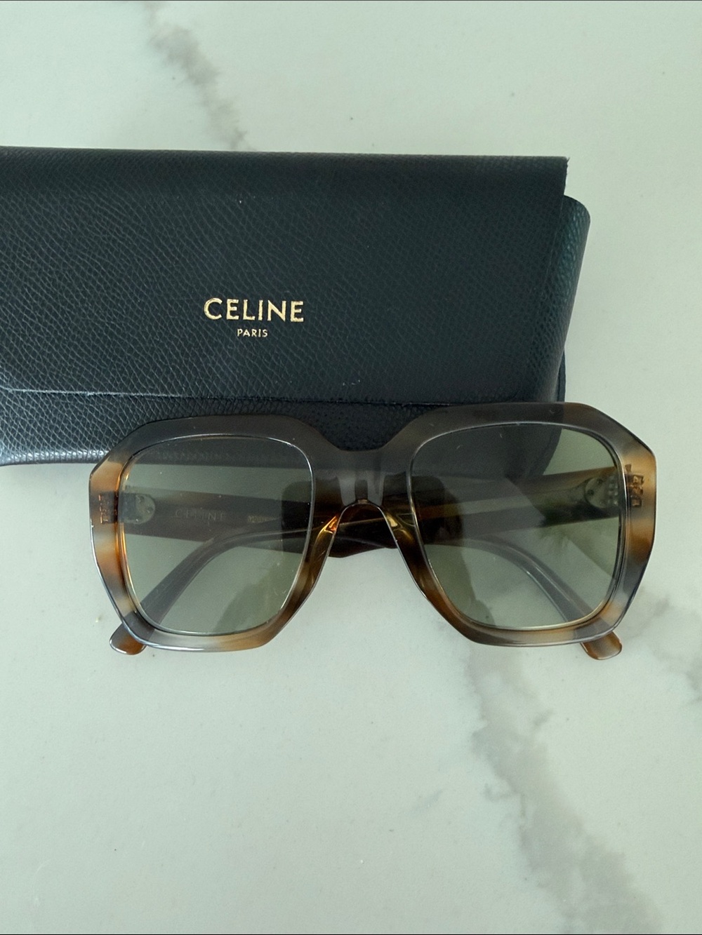 Celine Oversized Tortoiseshell Sunglasses with Green Lenses